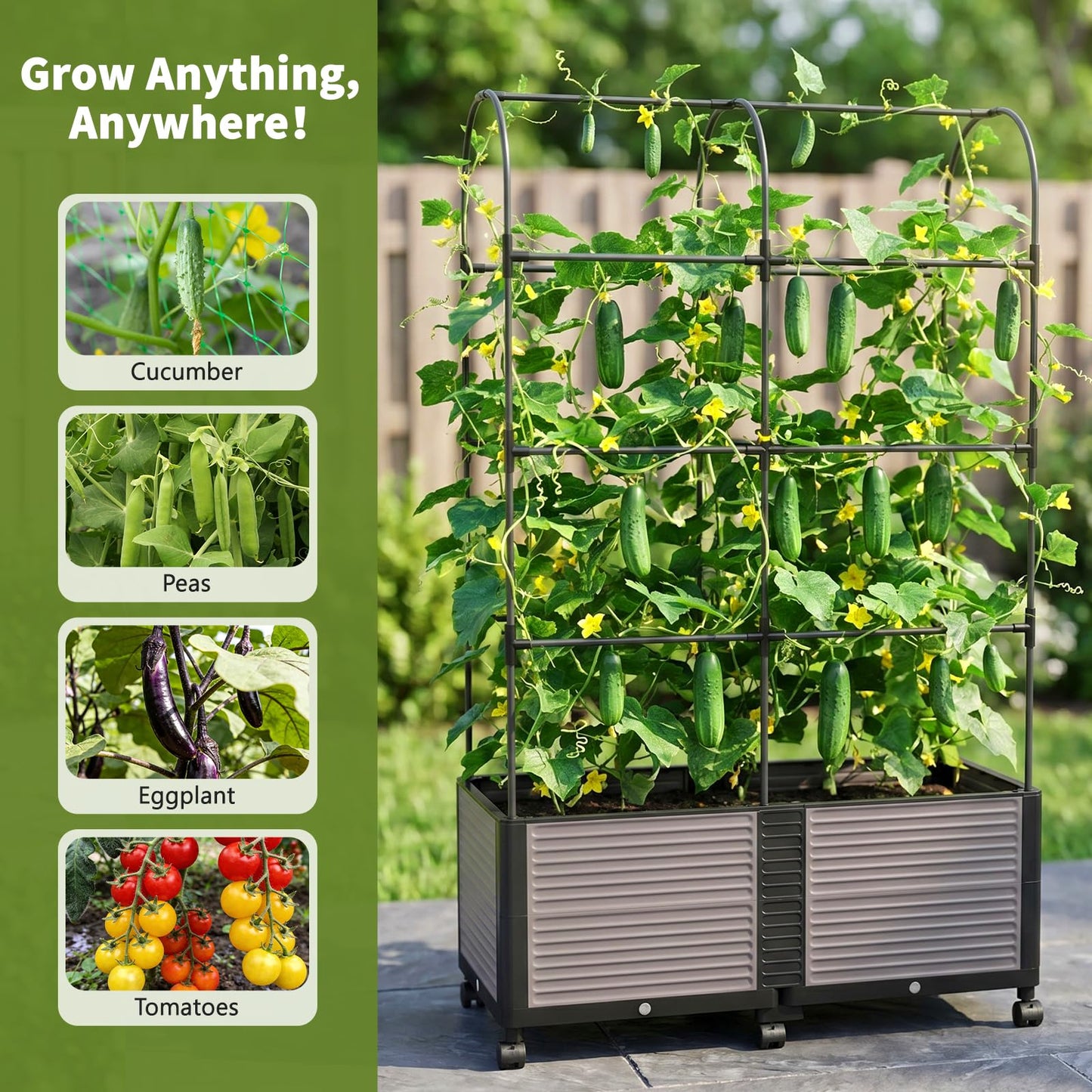 UrGROWA Raised Garden Bed Planter Box with Trellis, 73''H Tomato Planters for Climbing Plants Vegetable Vine Flowers Outdoor Patio Tomato Cage, Self Watering Planter with Wheels