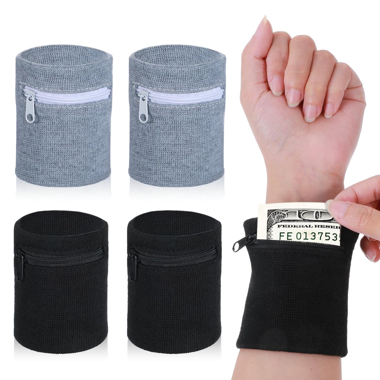 DOPENSPI 4PCS Wrist Wallet, Wrist Sweatband with Zipper Breathable Wristbands Ankle Wallet Coin Keys Storage Pouch Pocket for Gym Running Hiking Jogging Sports