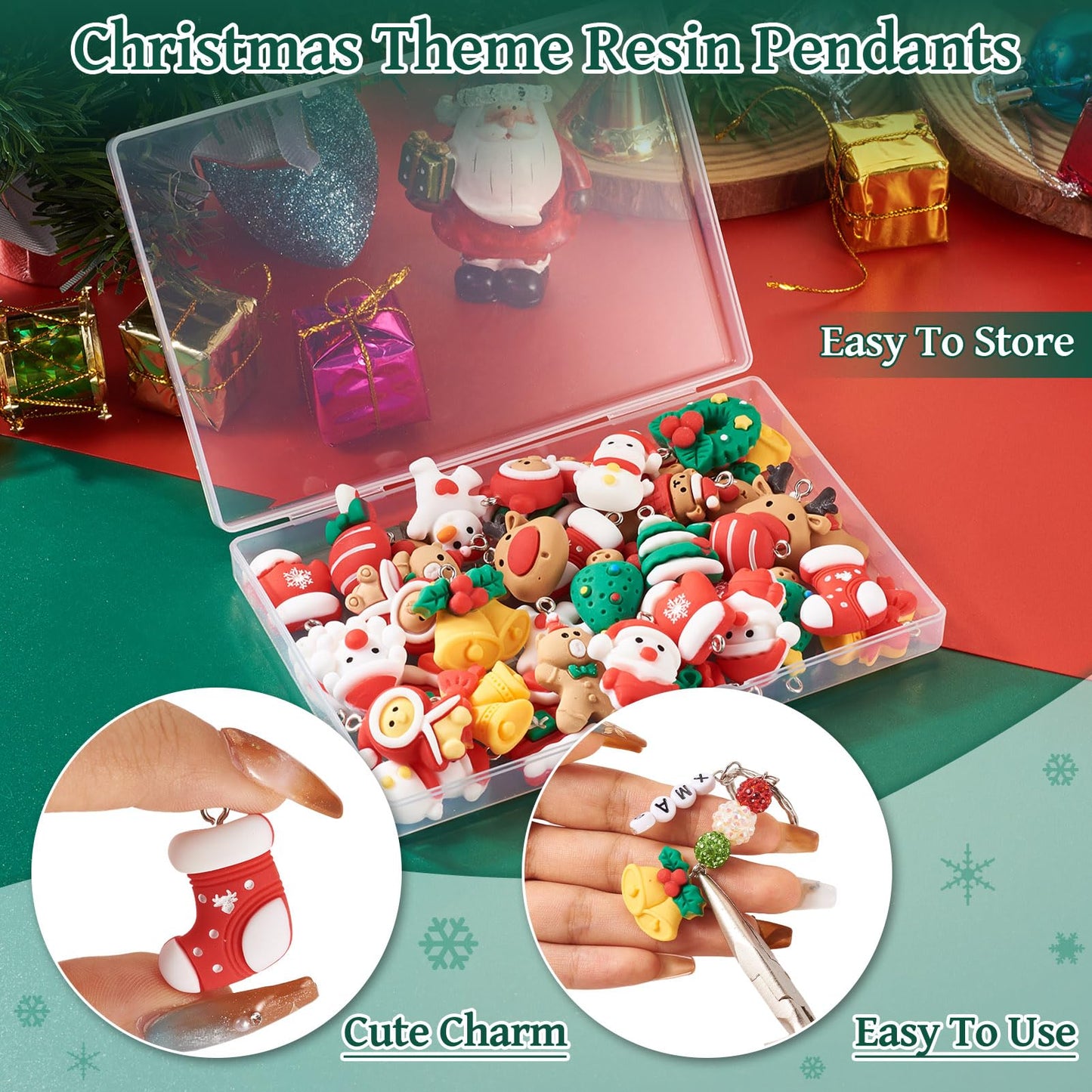 Cheriswelry 40Pcs Christmas Resin Charms for Crafts Santa Claus Snowman Deer Jingle Bell Pendants Ornaments 21-30mm for Xmas Home Party Decoration Necklace Earring Bracelet Making