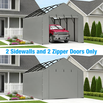 FLOUREE Metal Carport Replacement Sidewall Panel Kit for 12x20 FT, 2 Pack Sidewalls & 2 Pack Zipper Doors,220g PE Tarp, Roll-Up Carport Door Panels, Waterproof UV Resistant, Frame Not Included,Grey