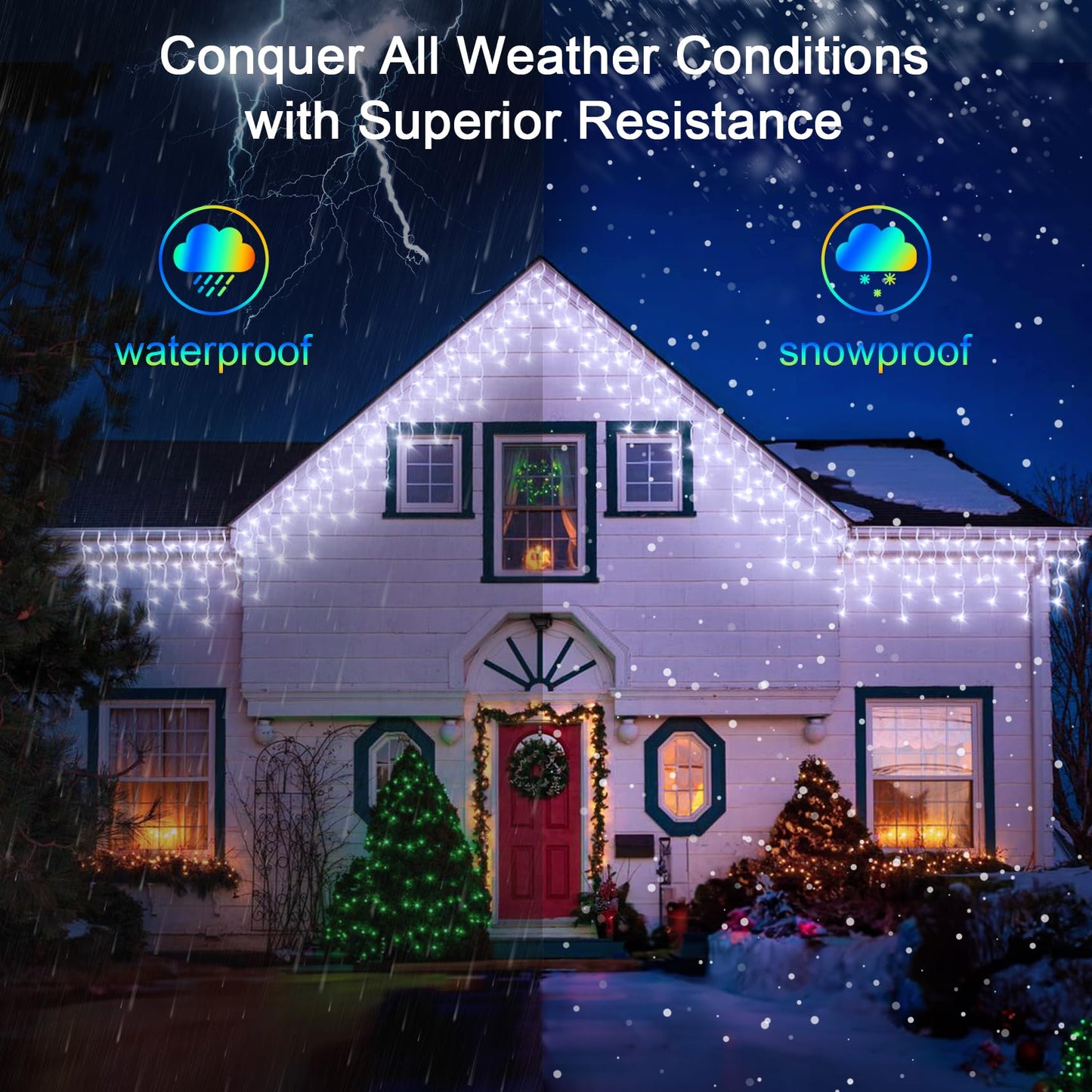 YHBJKCZ 66FT LED Christmas Lights with 140 Drops, Outdoor Hanging Lights 490 LED 8 Modes, Outsite Fairy String Lights for Wedding Party Holiday Cool White