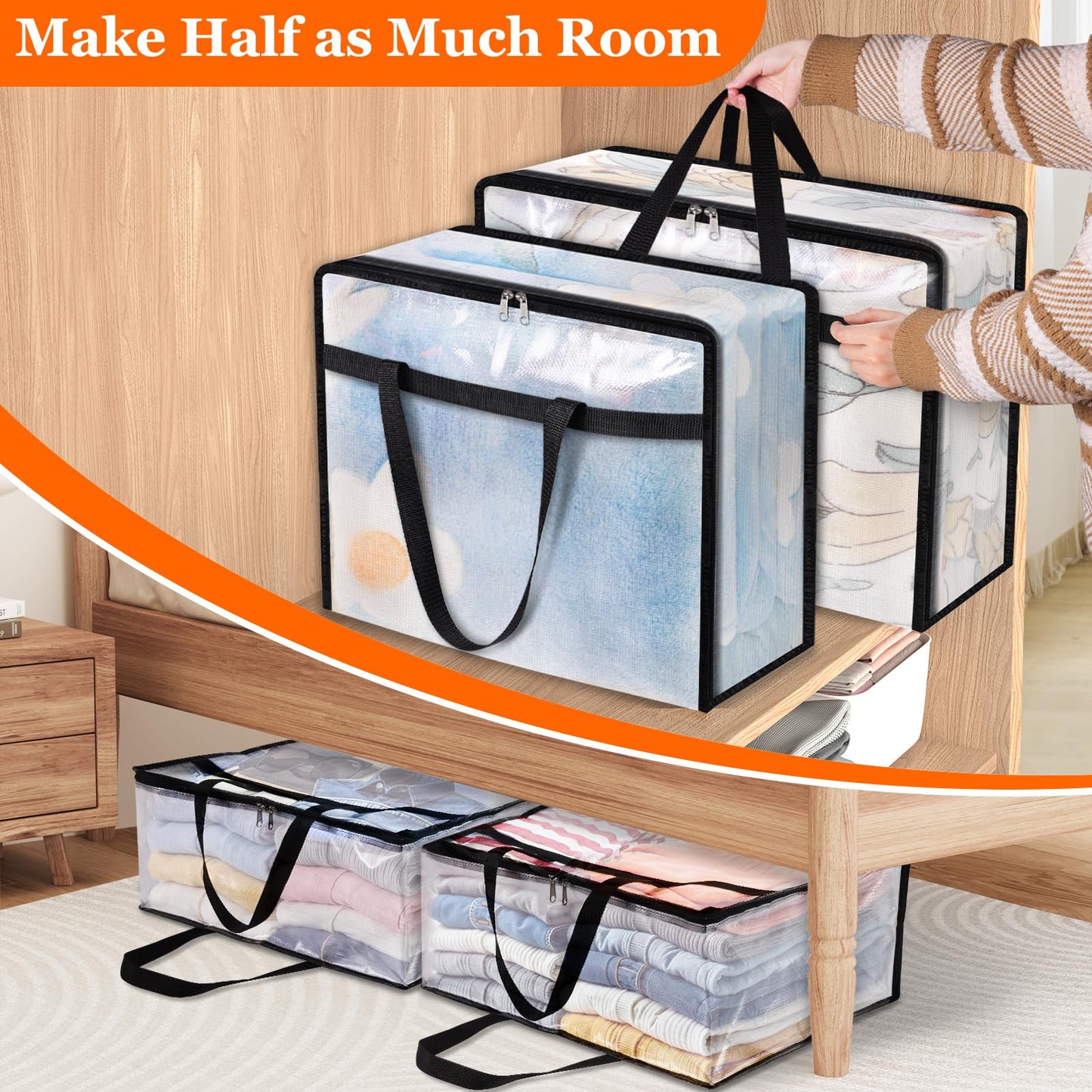 TasticTotes 6 Pack Clear Storage Bags for Comforter, Clothes & Bedding, Plastic Blanket Storage with Zipper and Handle, Moving Bags, Closet Organizer and Under-Bed Storage (40L)