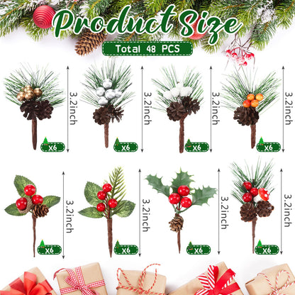 Panelee 48 Pcs Artificial Pine Picks - Christmas Picks for Crafts, Floral, Pine Cones, Sprays, Wreath & Berry Stem Bulk for Xmas Tree & Winter Holiday