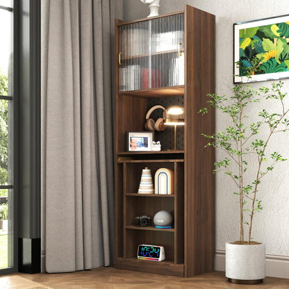 KEIKI Folding Home Office Desks with Pegboard, Glass Doors, Bookshelf & Storage Shelves, Modern Wooden Computer Table Workstation for Work, Study, Writing