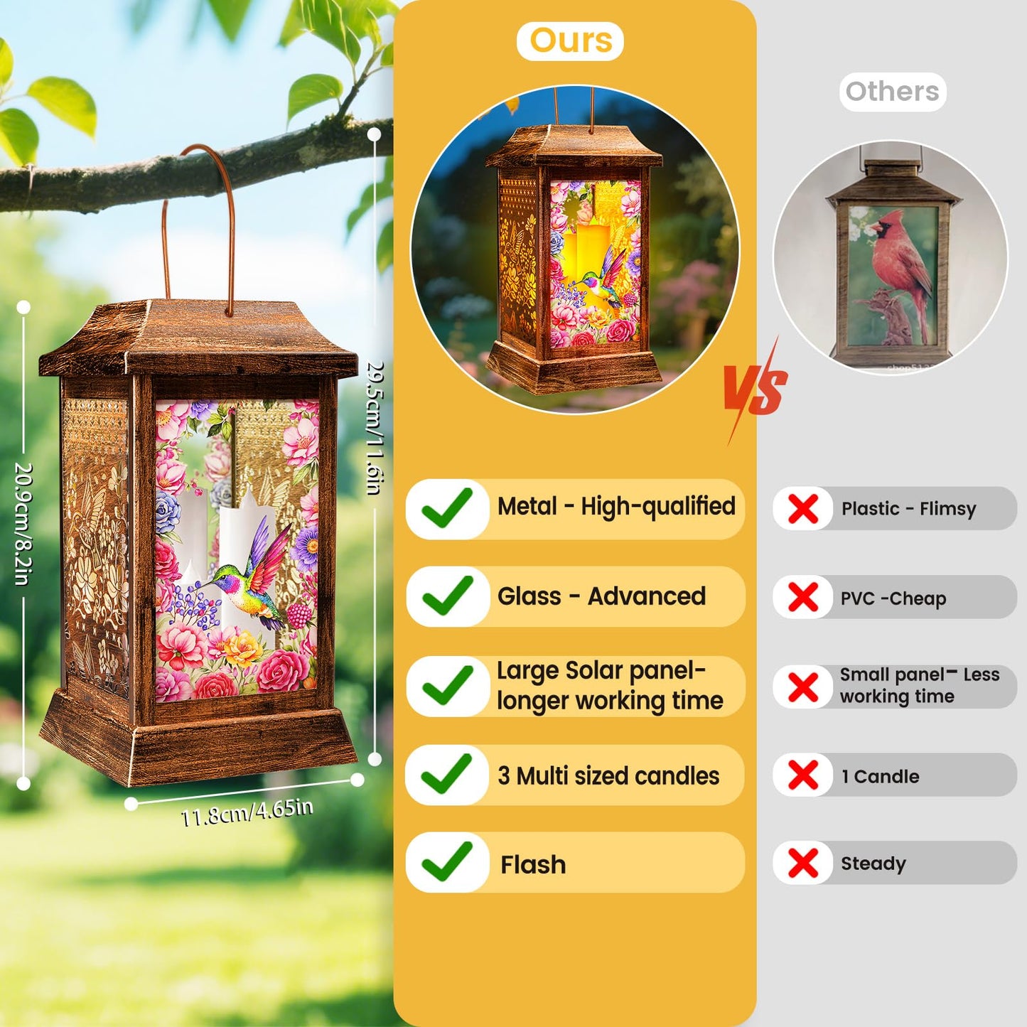 Hummingbird Solar Lanterns Outdoor Waterproof, Metal & Glass Hanging Lights Garden Decor, Birthday Gifts for Mothers Day Women Mom Christmas, Decorative Lights for Outside Yard Patio Backyard Porch