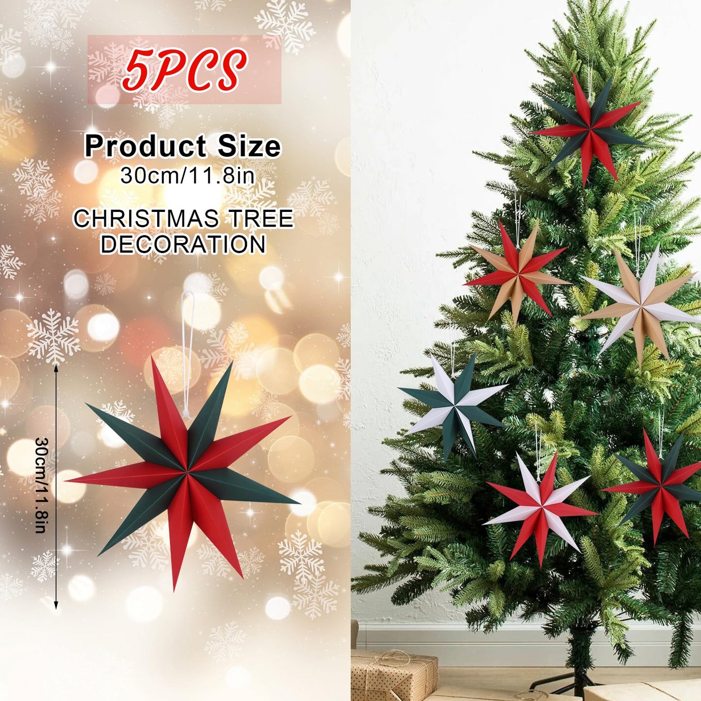 BestoFun 12 Inches 5 PCS Cindy Paper Star Lanterns Red Green White Christmas Party Decorations Hanging Stars Christmas Party Decorations Wedding Birthday Christmas Home Party Decorations(9 Pointed)