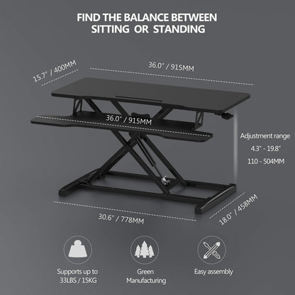 FITUEYES Height Adjustable Standing Desk 36” Wide Sit to Stand Converter Stand Up Desk Tabletop Workstation for Laptops Dual Monitor Riser Black SD309101WB