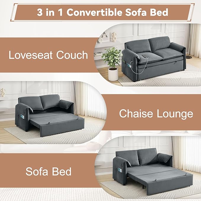 63" Velvet 3 in 1 Convertible Sleeper Sofa Bed, Pull Out Couch Bed Loveseat
