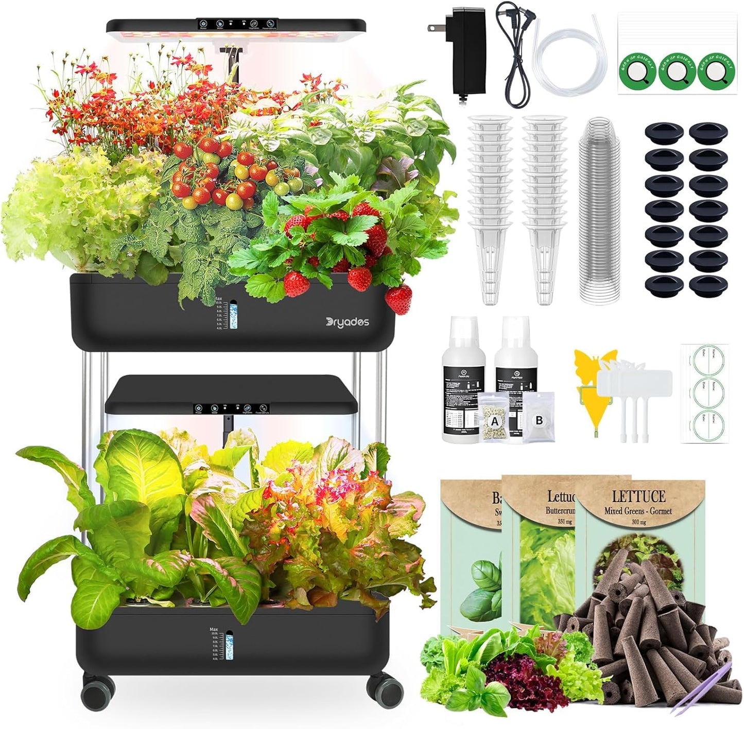 44 Pod Hydroponic Indoor Garden System Black, 2 Tier Growing Kit with LED Grow Light, 10L Tank, Includes Seed Starter Kit