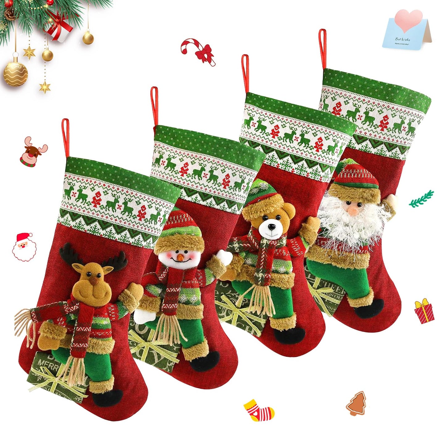 Houwsbaby Set of 4 Christmas Stockings Kit 3D Santa Snowman Bear Reindeer Flax Socks Holders Ornament Gift Bags for Family Xmas Party Supplies, Red, 18.5 inches (04)