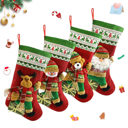 Houwsbaby Set of 4 Christmas Stockings Kit 3D Santa Snowman Bear Reindeer Flax Socks Holders Ornament Gift Bags for Family Xmas Party Supplies, Red, 18.5 inches (04)