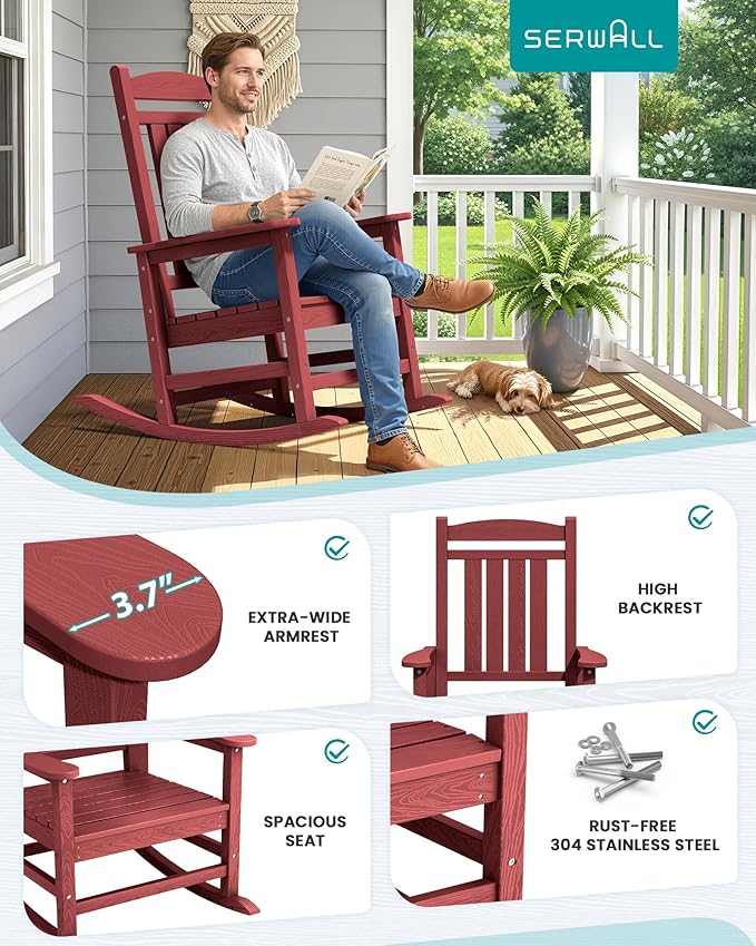 SERWALL Patio Rocking Chairs Set of 4, HDPE Outdoor Rockers for Adults, Oversized All-Weather Porch Rocking Chairs, Red
