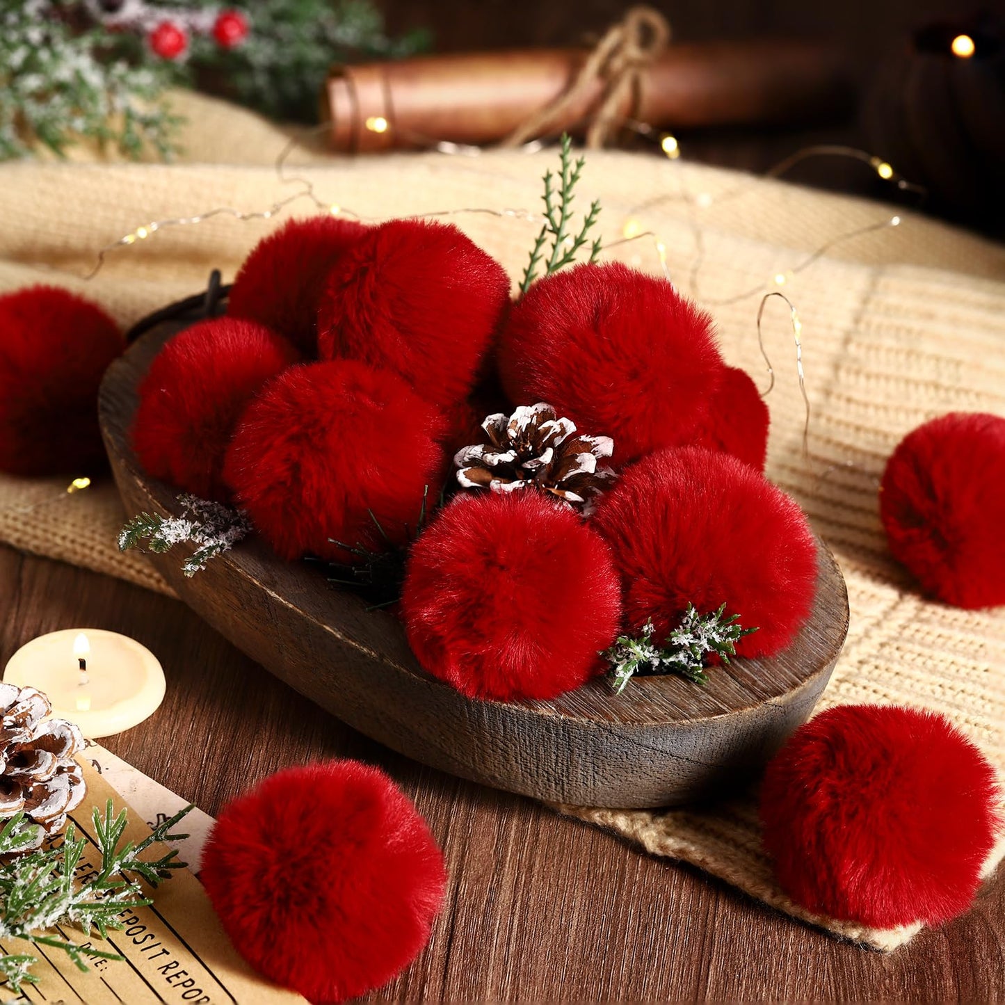 WILLBOND 60 Pcs Red Burgundy Furry Christmas Ornaments 2 Inch Pom Pom Ball Hanging Decoration Fuzzy Fluffy Christmas Ornaments for Xmas Tree Home DIY Craft Party Decor