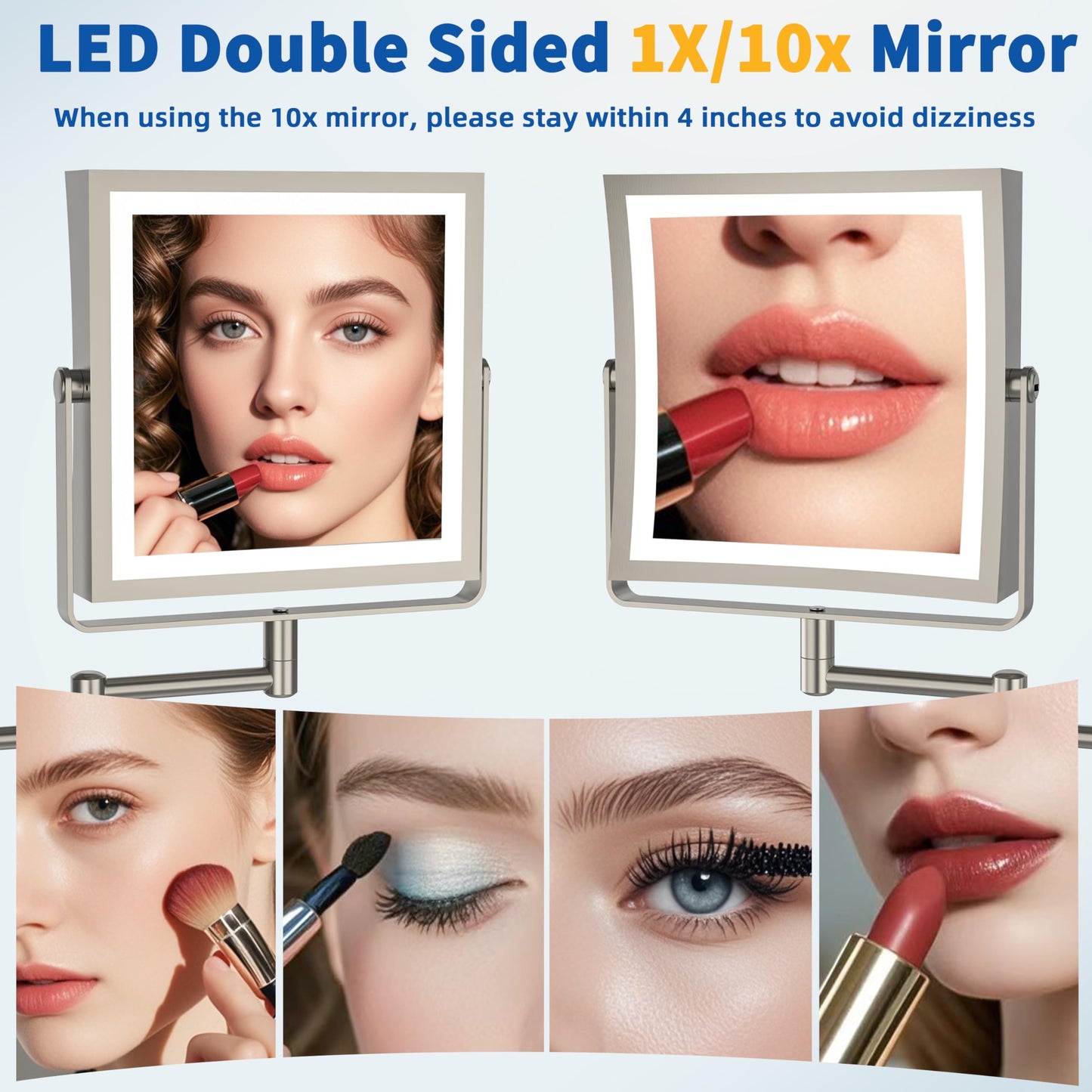 Ruacq Rechargeable Wall Mounted Makeup Mirror with Lights, Double Sided 1X/10X Magnifying Vanity Mirror with 3 Color Lighting, Touch Screen Dimmable, 360° Rotation Extension Foldable Arm(Matte Black)