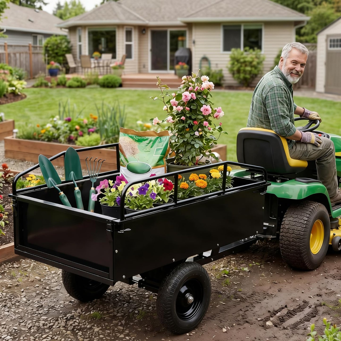 Garvee 750LB Heavy Duty Garden Dump Cart, 15 Cu ft Garden Trailer Steel Garden Cart with Removable Sides, Utility Wagon Tow Behind ATV UTV Lawn Mower Tractor, Foot Pedal Quick Dump