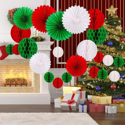 Konsait 30pcs Christmas New Year Hanging Decoration Paper Honeycomb Balls Paper Fans Kit for Xmas Party Decor Supplies Baby Shower Birthday Wedding Home Decoration Red White Green Decor