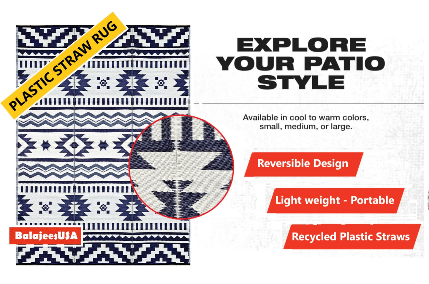 BalajeesUSA Outdoor Rugs–9x18 Plastic Patio Decor Grey Dark Blue, Durable and Affordable Recycled Straw Picnic All-Weather and Waterproof Reversible Camper Awning mats 7582