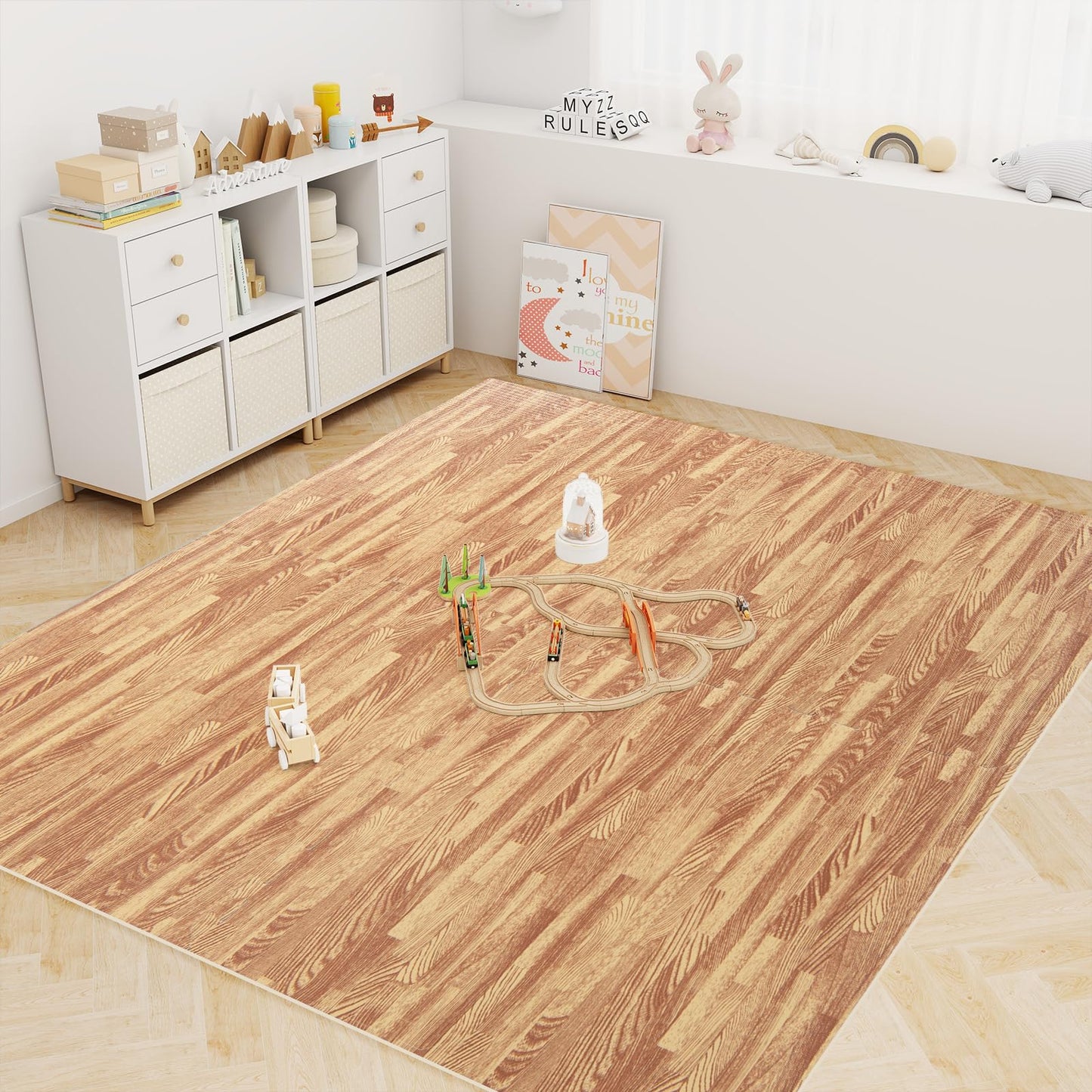 Happygrill 100 Sq. Ft. Interlocking Foam Floor Tiles, 25 PCS 2/5 Thick Wood Grain EVA Foam Mat w/50 Borders, 24” x 24” Puzzle Exercise Mat Gym Flooring for Home Gym Apartment Basement Play Room Yoga