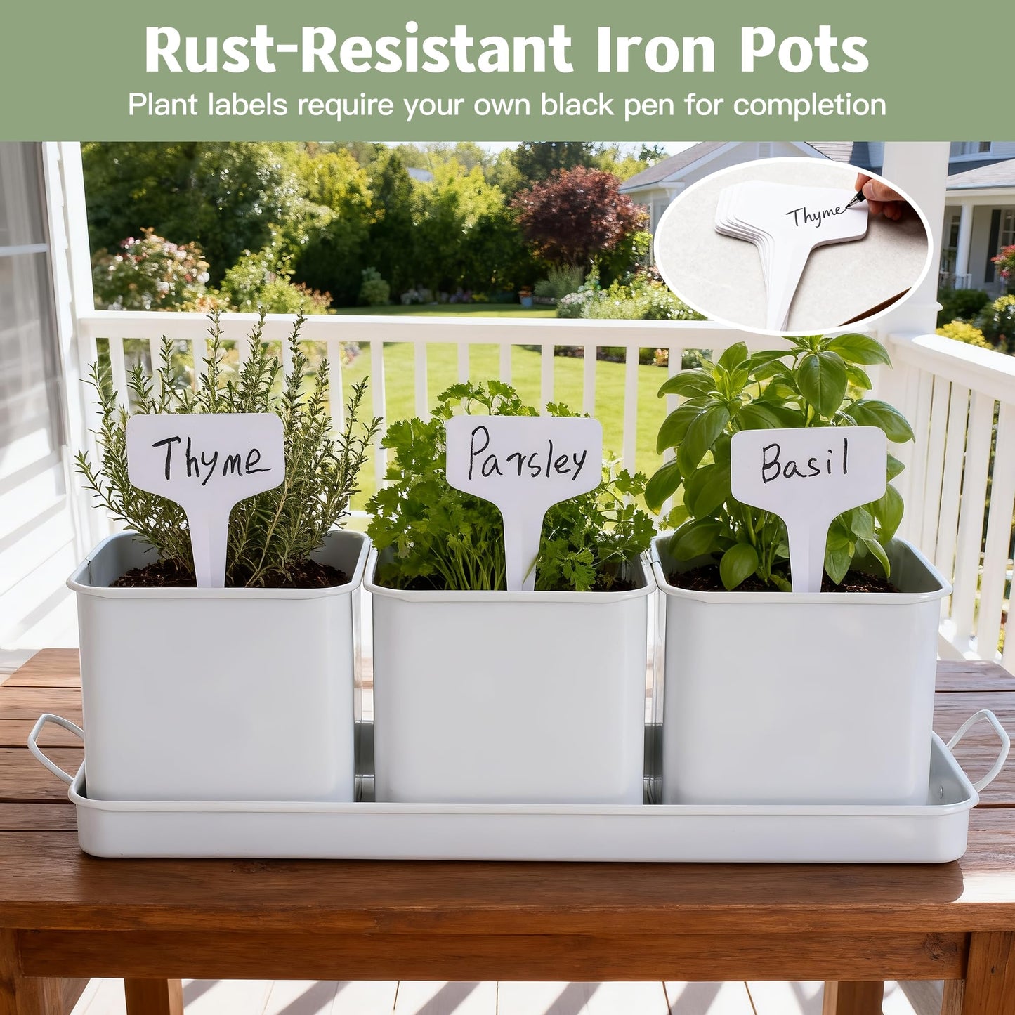 Indoor Herb Garden, Herb Planter Set with Handled Tray, 3 Iron Indoor Plant Pots with Drainage Holes, Windowsill Planter with Customizable Labels, Marker Pen, 10 Plant Labels, Window Pots, White