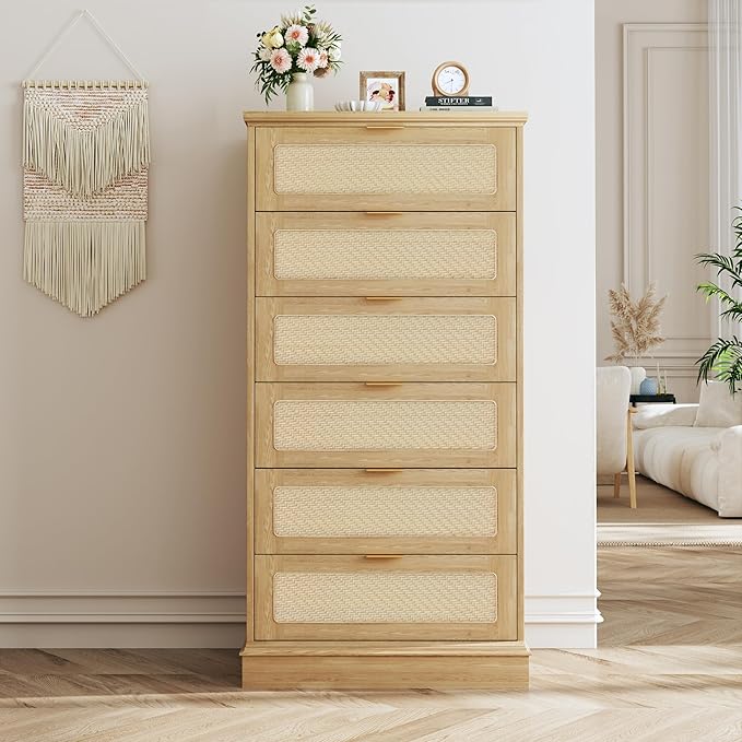 HUAHUU 6 Drawer Dresser for Bedroom, 50 Inch Tall Dressers & Rattan Chest of