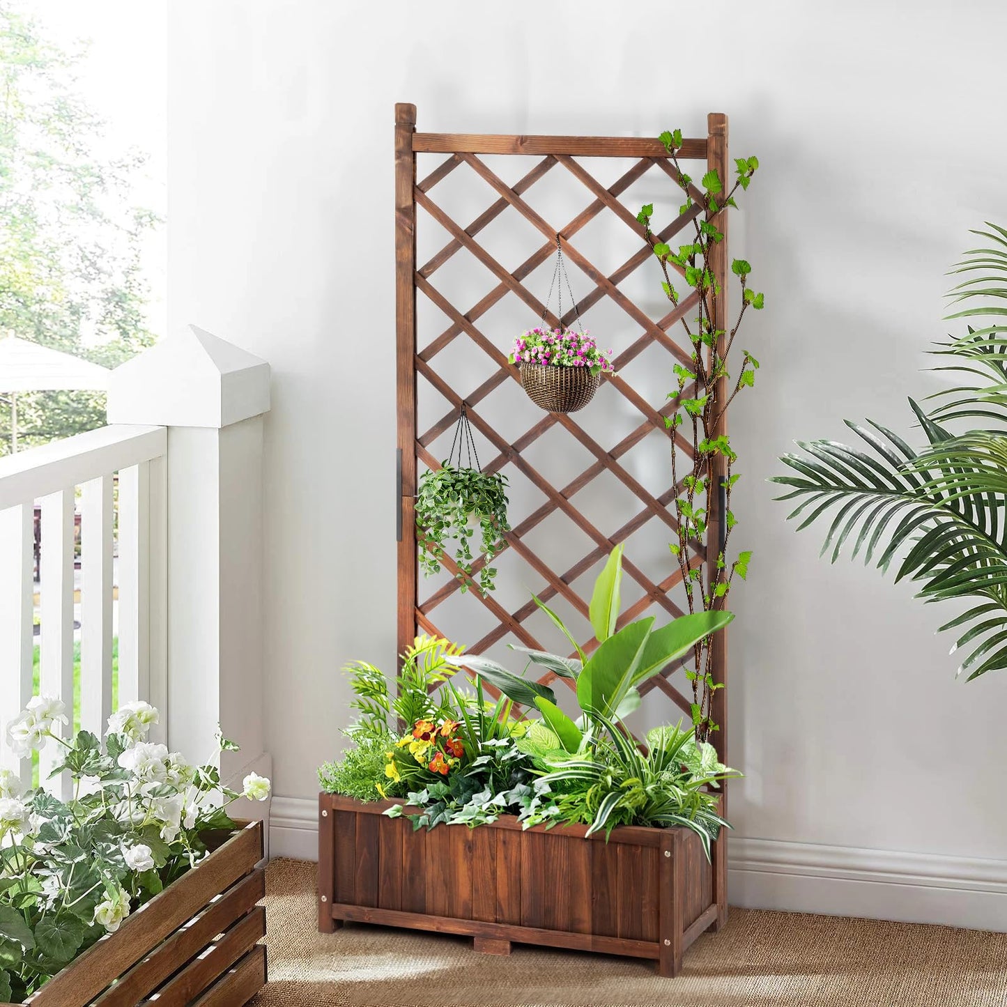 Outvita Wood Planter with Trellis, 29" x 17" x 67" Outdoor Raised Garden Bed with Drainage Holes, Vertical Standing Planter Box for Climbing Plants Vegetable in Garden, Patio, Balcony (Brown)