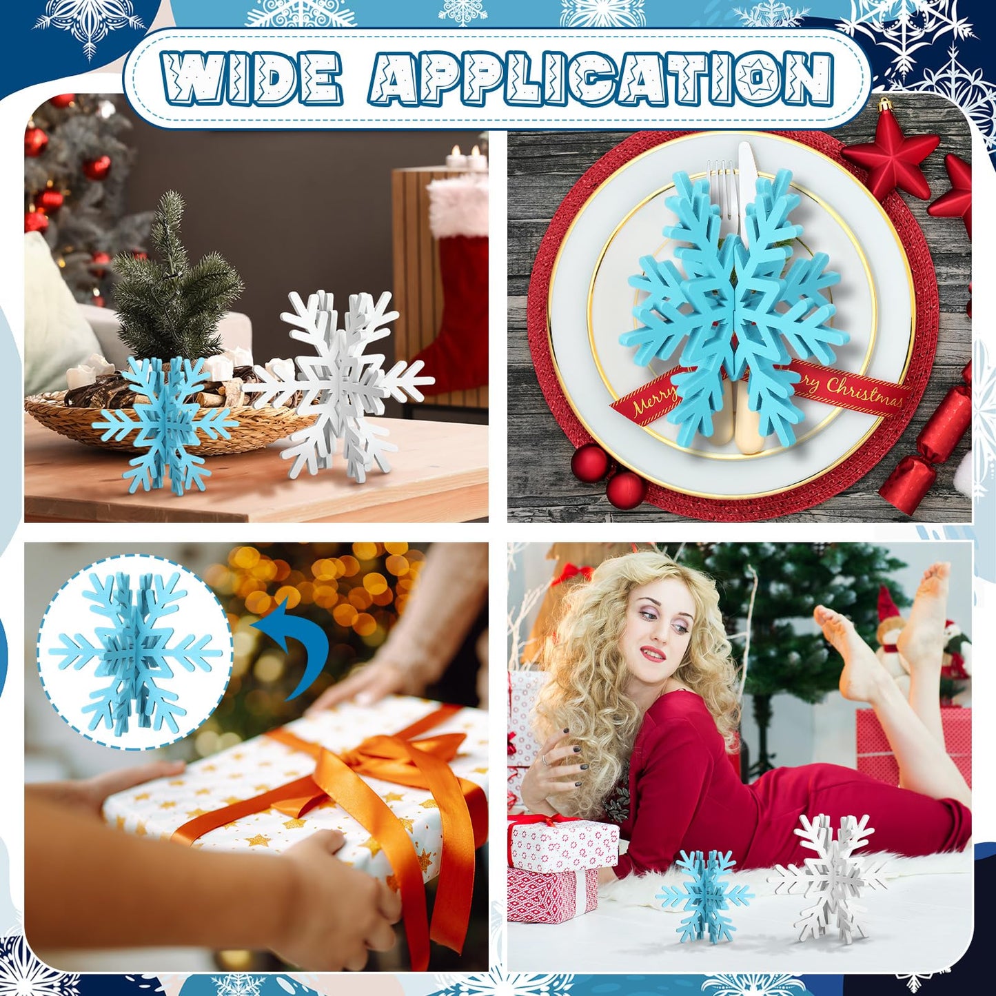 Bucherry 12 Pcs Wooden Snowflake Table Decor 3D Snowflake Tabletop Signs and Centerpiece for Frozen Party Christmas Xmas Winter Wonderland Decorations Home Office Mantel(White, Light Blue)