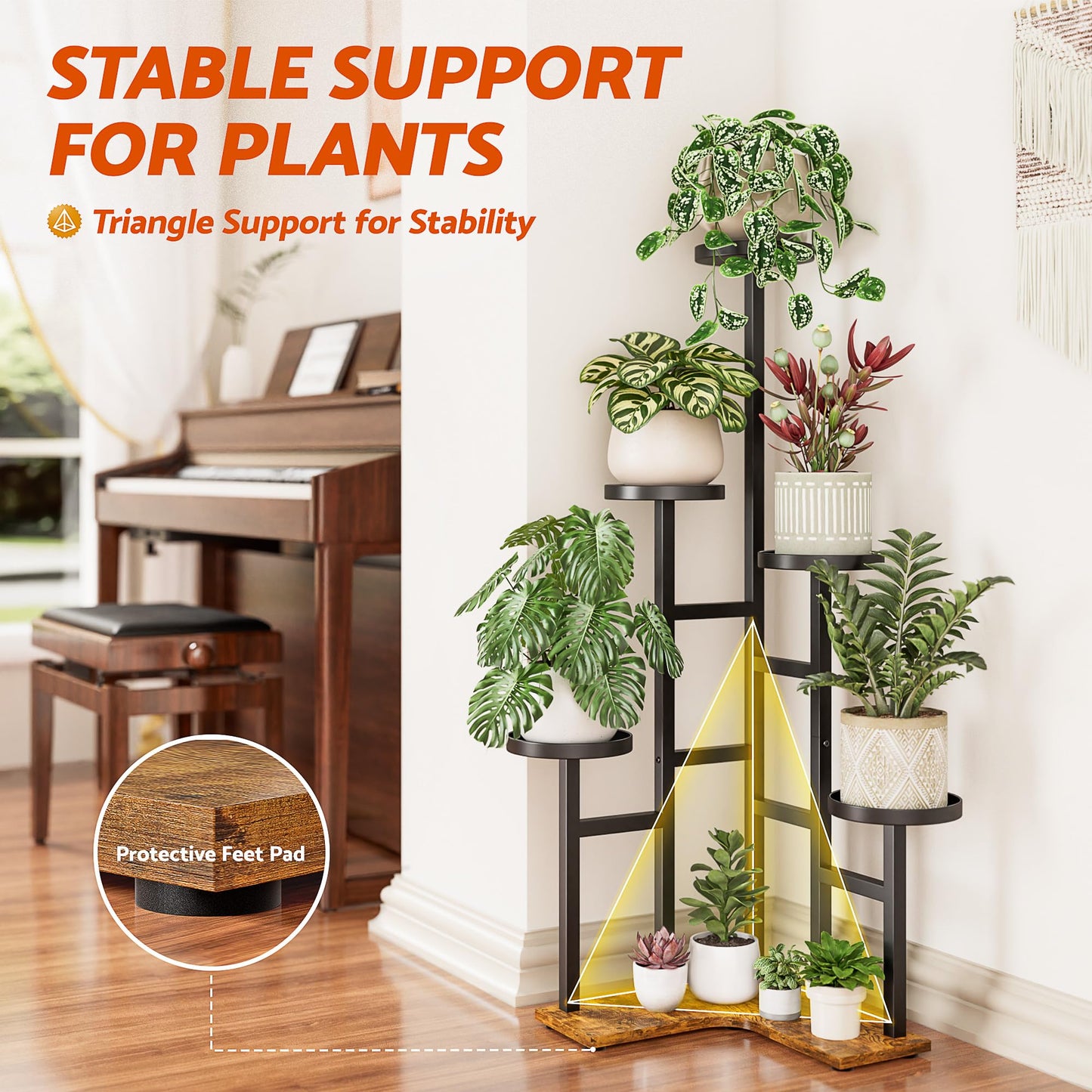 NQW 5 Tiered Plant Stand Indoor with 7.1 Inch Wide Tray, Corner Metal Plant Stand Outdoor Tall Flower Holder Stand, Tall Rack for Display Shelf for Patio Porch Office LivingRoom - BlackDisk