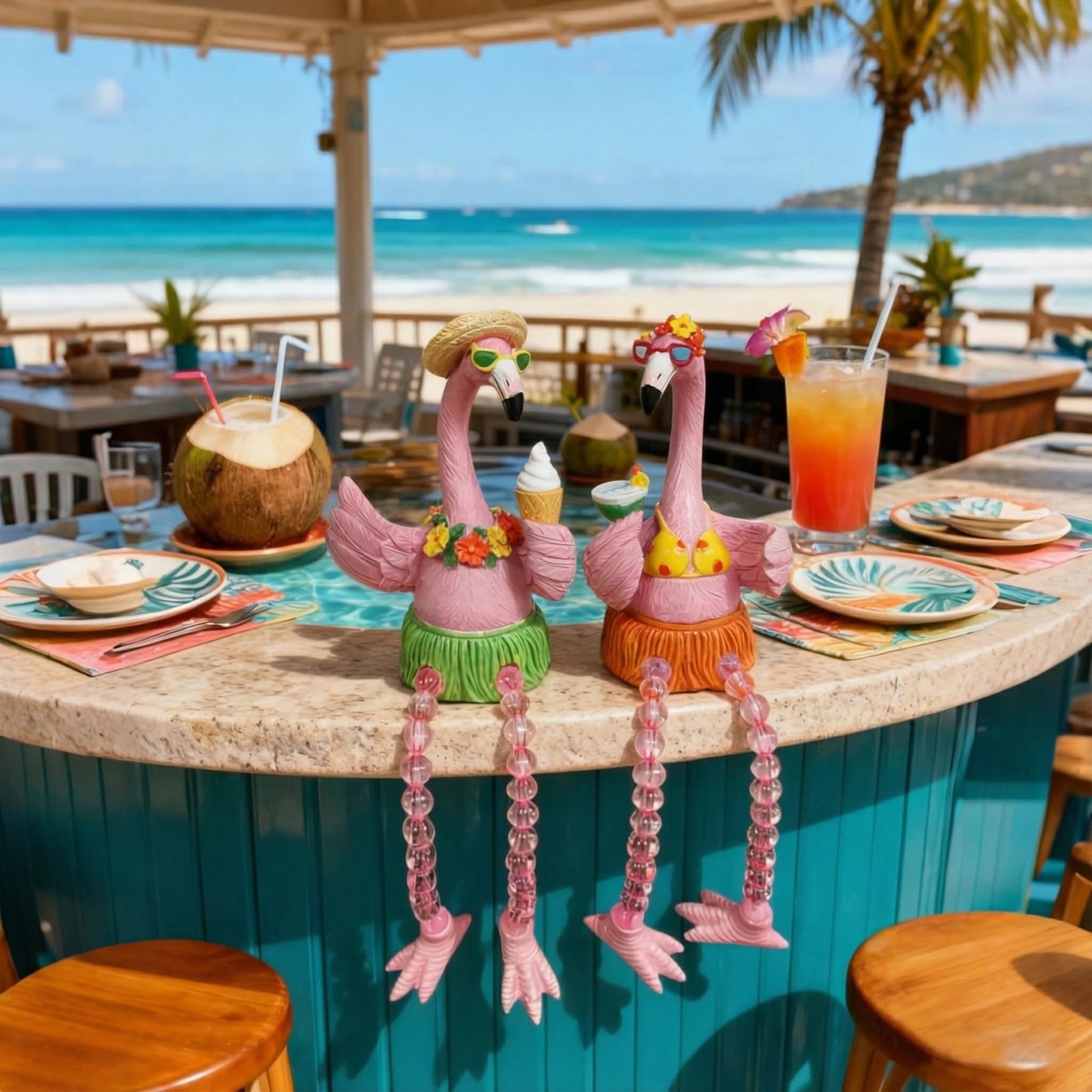 DiliComing Flamingo Decor Pink Gifts Statue - 2 Pcs Resin Collectible Figurine for Summer Tropical Home Decor Valentine Bathroom Yard Party Decorations 7.5 Inches Shelf Sitter with Dangling Legs