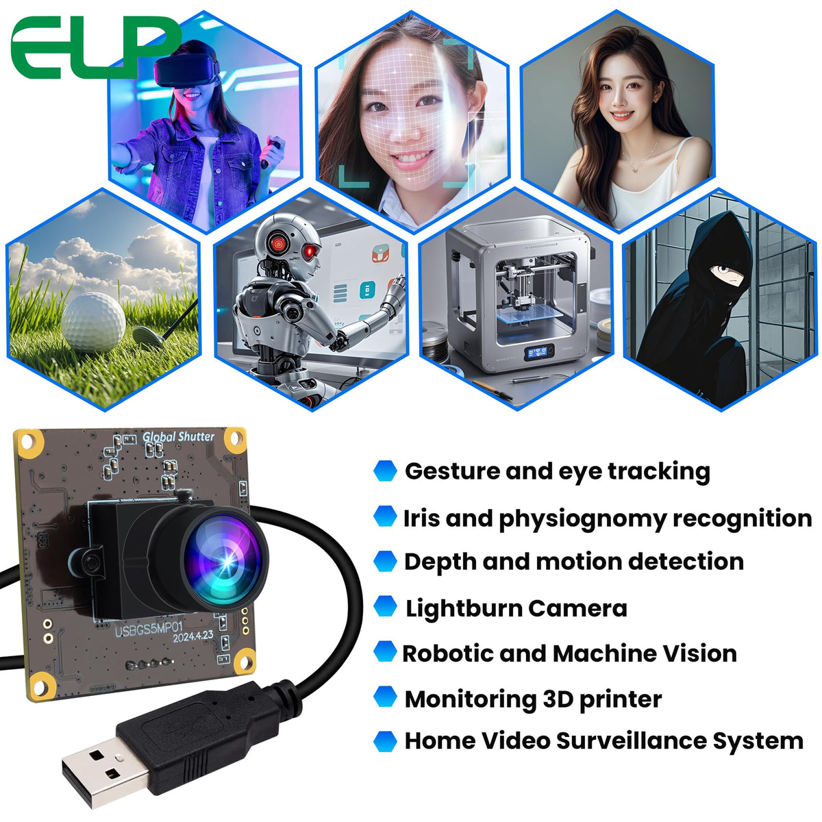ELP 5MP Global Shutter 50fps USB Camera Module for Computer UVC USB2.0 Lightburn Cam for Laser Engraver High Speed 60fps PC Camera Wide Angle Webcamera for Live Streaming (100°Low Distortion Lens)