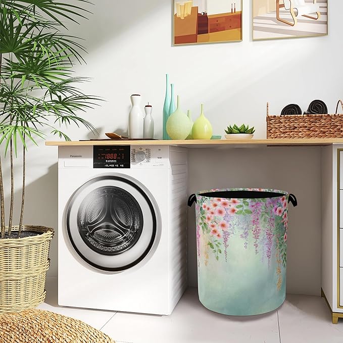 Colorful Flowers Laundry Basket, Foldable