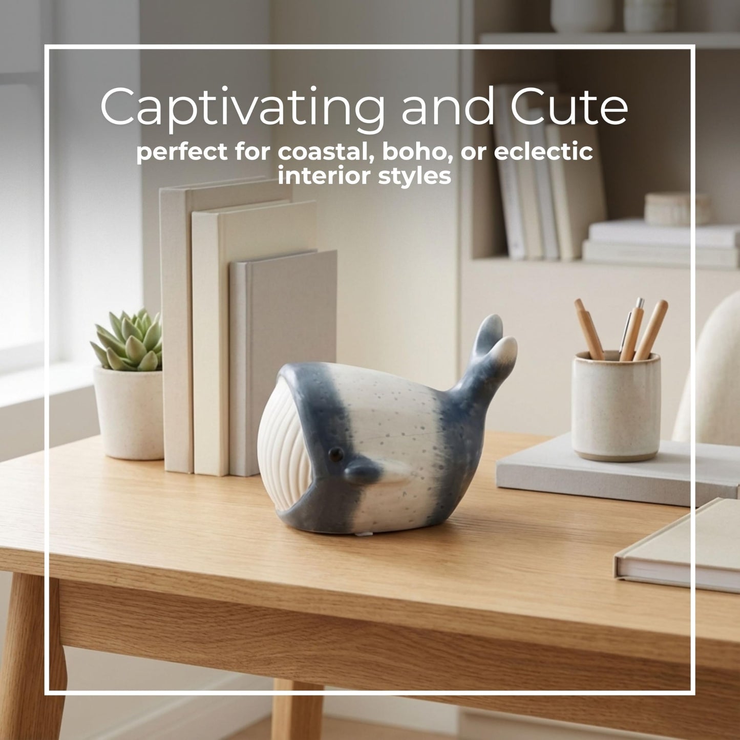 Blue Whale Figurine – Coastal Stoneware Sculpture, Ocean Animal Ceramic Statue for Shelf or Coffee Table Display, Nautical Accent for Living Room or Office Home Decor – 5", Blue & White