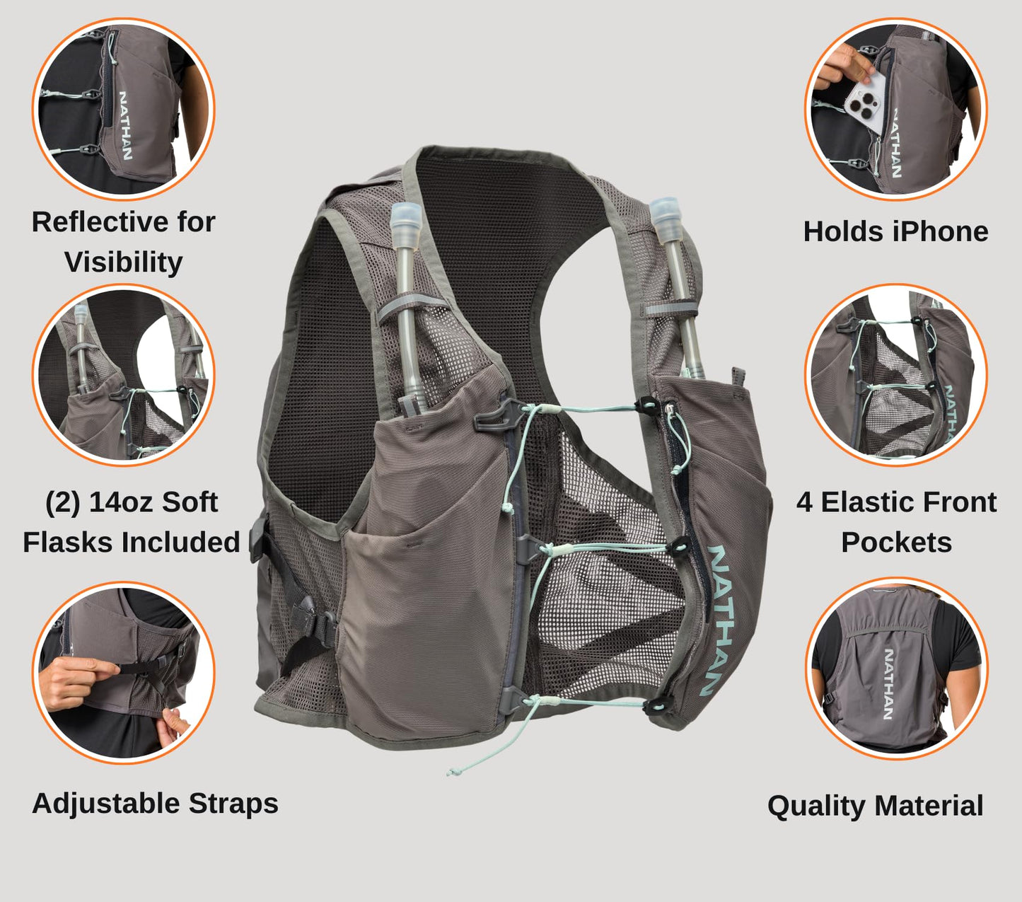 Nathan Women's Hydration Vest, Lightweight Breathable Running Gear with 2x14oz Hydrapak Flasks + 2L Bladder, Chafe-Free Mesh, Reflective for Visibility, Quick-Fit Setup, Pinnacle Breeze/Charcoal, L-XL