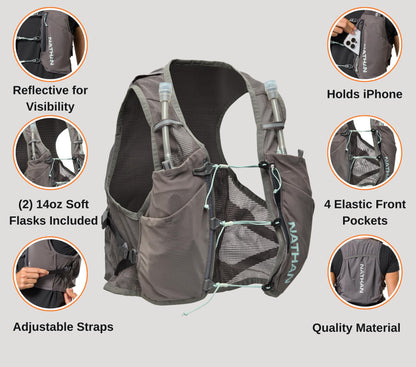 Nathan Women's Hydration Vest, Lightweight Breathable Running Gear with 2x14oz Hydrapak Flasks + 2L Bladder, Chafe-Free Mesh, Reflective for Visibility, Quick-Fit Setup, Pinnacle Breeze/Charcoal, L-XL