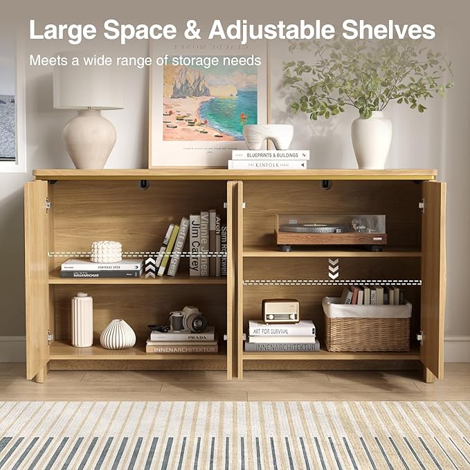 Fluted Cabinet with 3D Ripple Doors, 57.9" W Storage Cabinet with Adjustable