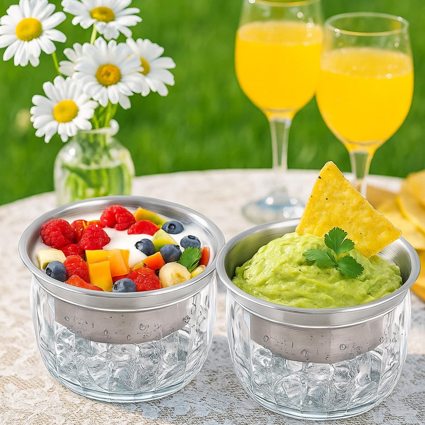 ZENFUN 2 Pack 20 Oz Chilled Dip Bowl with Acrylic Ice Bowl Base, Stainless Steel Ice Chilled Serving Dish Iced Salad Bowl Set for Chilled Pasta, Potato, Dressing, Fruit