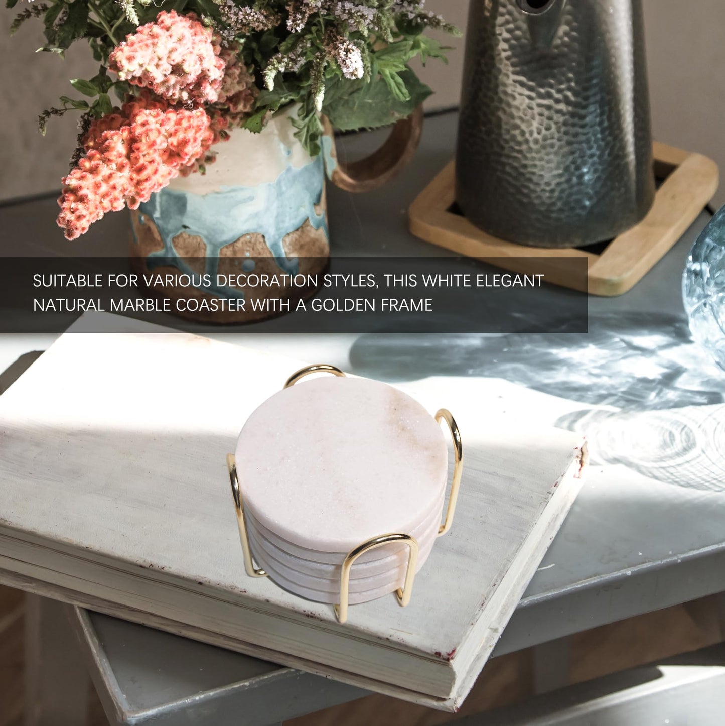 Lasungreen 4 Inches Modern Shining White Marble Coasters with Gold Metal Holder, Round Natural Stone Drink Coasters, Set of 5 Coasters Decorative for Home