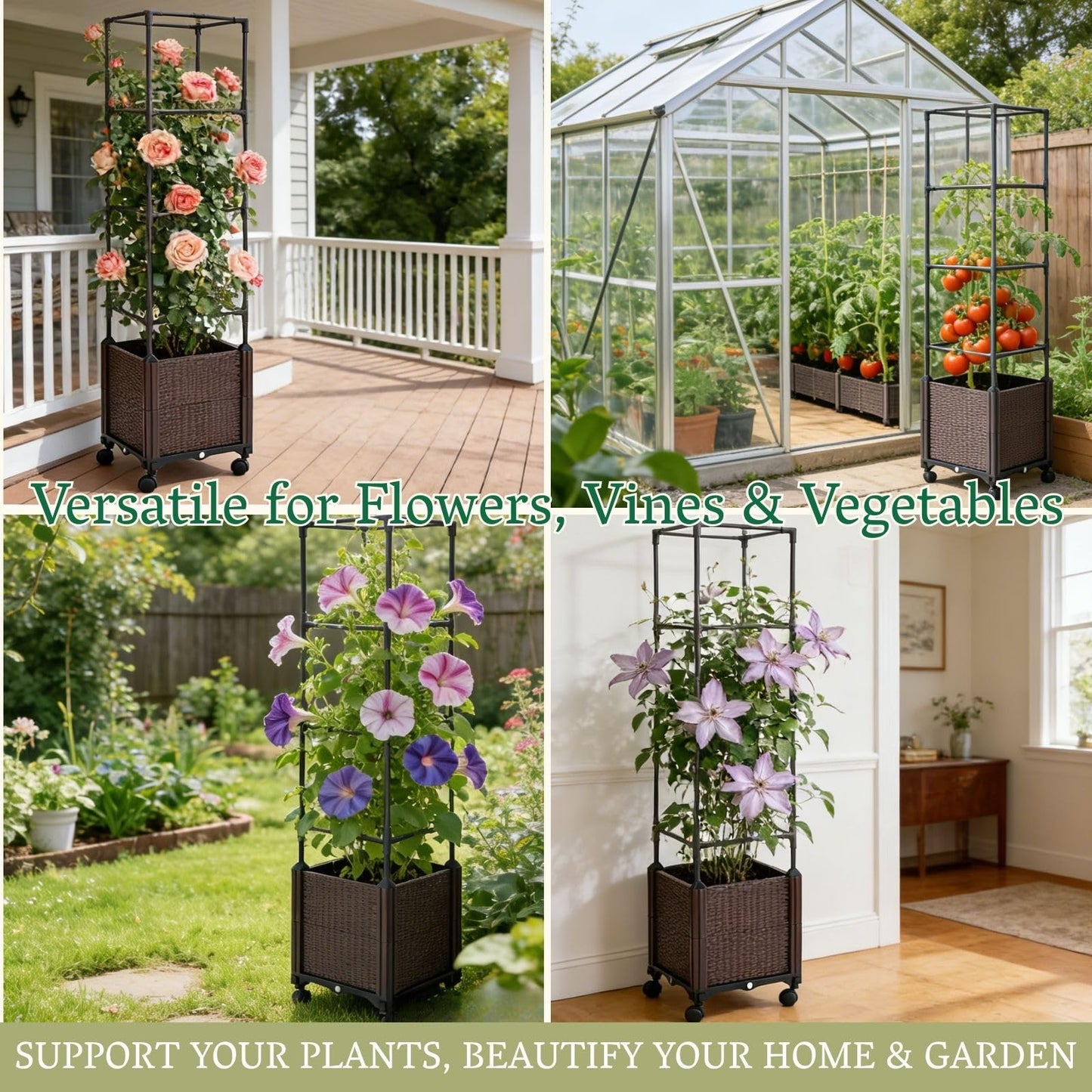 Raised Garden Bed Planter Box with Trellis | Self-Watering Tomato Planter with Wheels for Climbing Plants & Vegetable | Vertical Gardening Tomato Pot with Tomato Cage Indoor Outdoor Patio Greenhouse