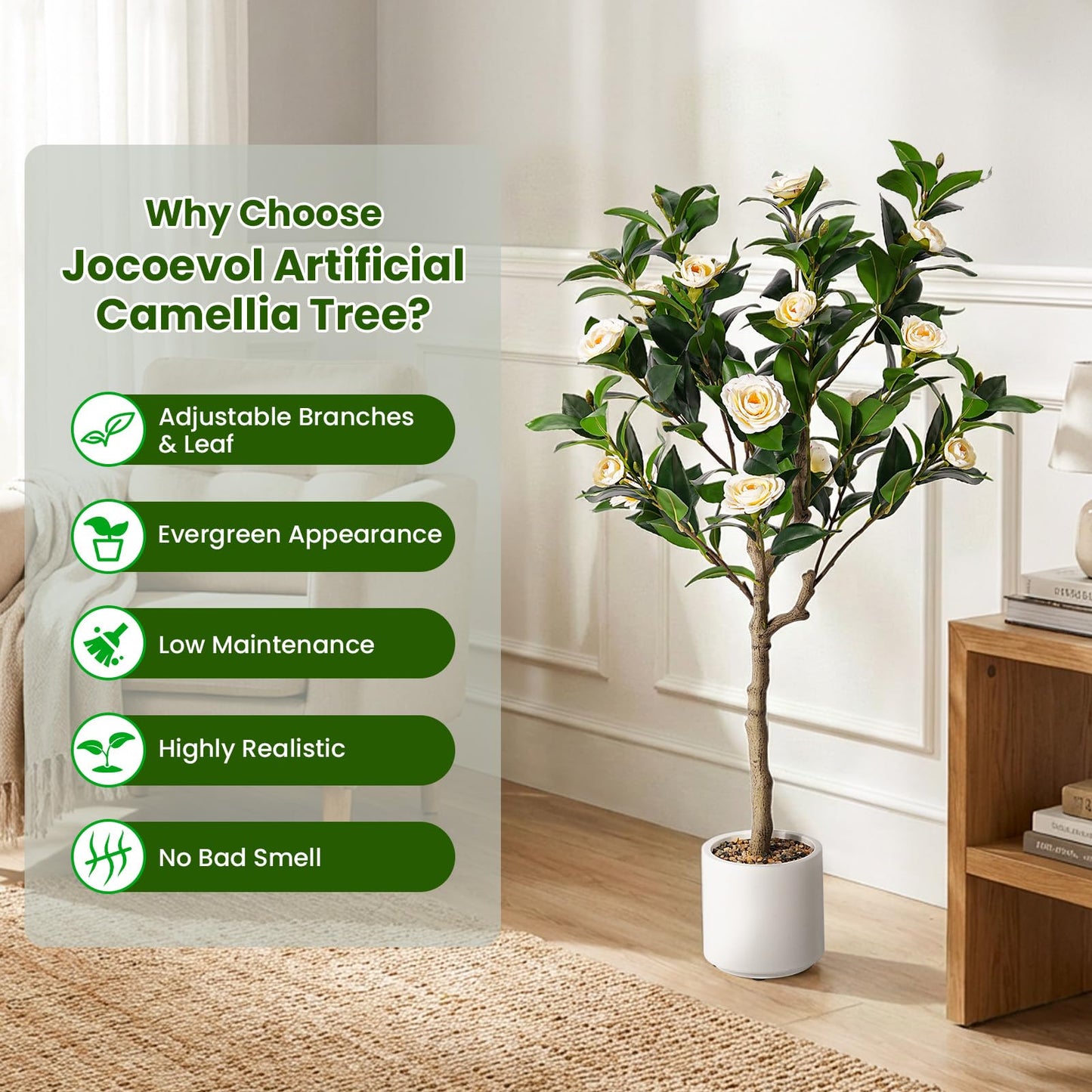 Jocoevol 4FT Artificial Camellia Tree 2 Pack, Fake Floral Plant with Realistic Trunk, Leaves, Flowers & Planter, Flower Artificial Tree, Artificial Flower for Front Porch Decor & Housewarming Gift