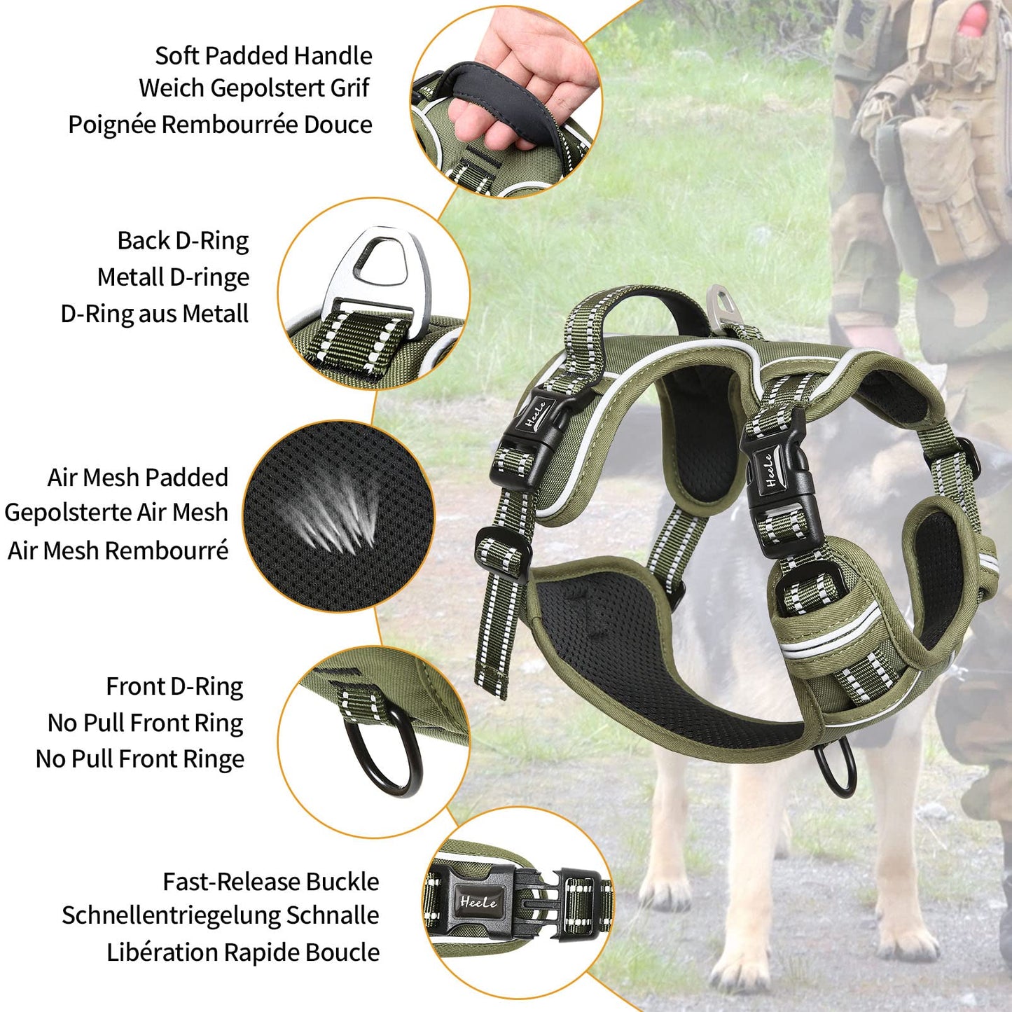 HEELE Dog Harness, No Pull Large, Release on Neck, Front Back Clips Dog Vest Harness Reflective Adjustable Padded, Easy Control Handle for Outdoor Walking Training, Green, L