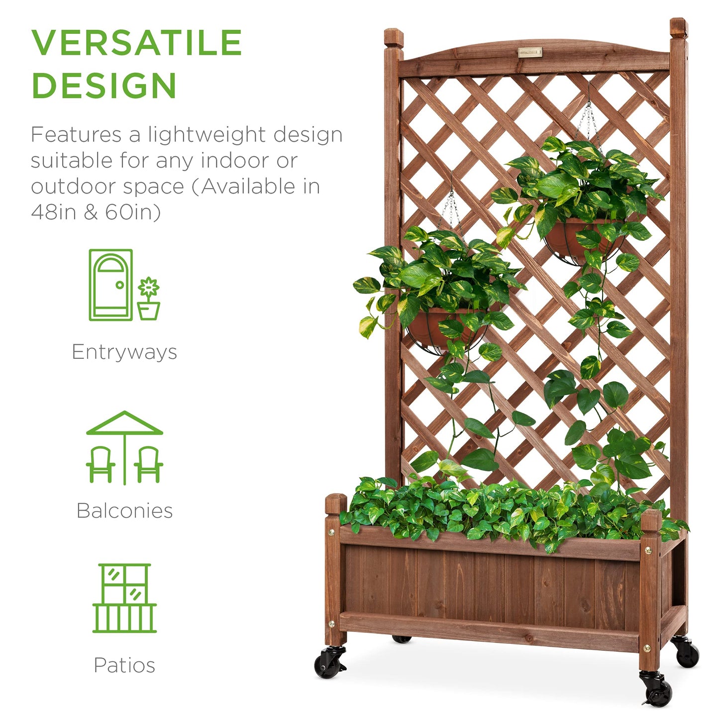 Best Choice Products 48in Wood Planter Box & Diamond Lattice Trellis, Mobile Outdoor Raised Garden Bed for Climbing Plants w/Drainage Holes, Optional Wheels - Walnut