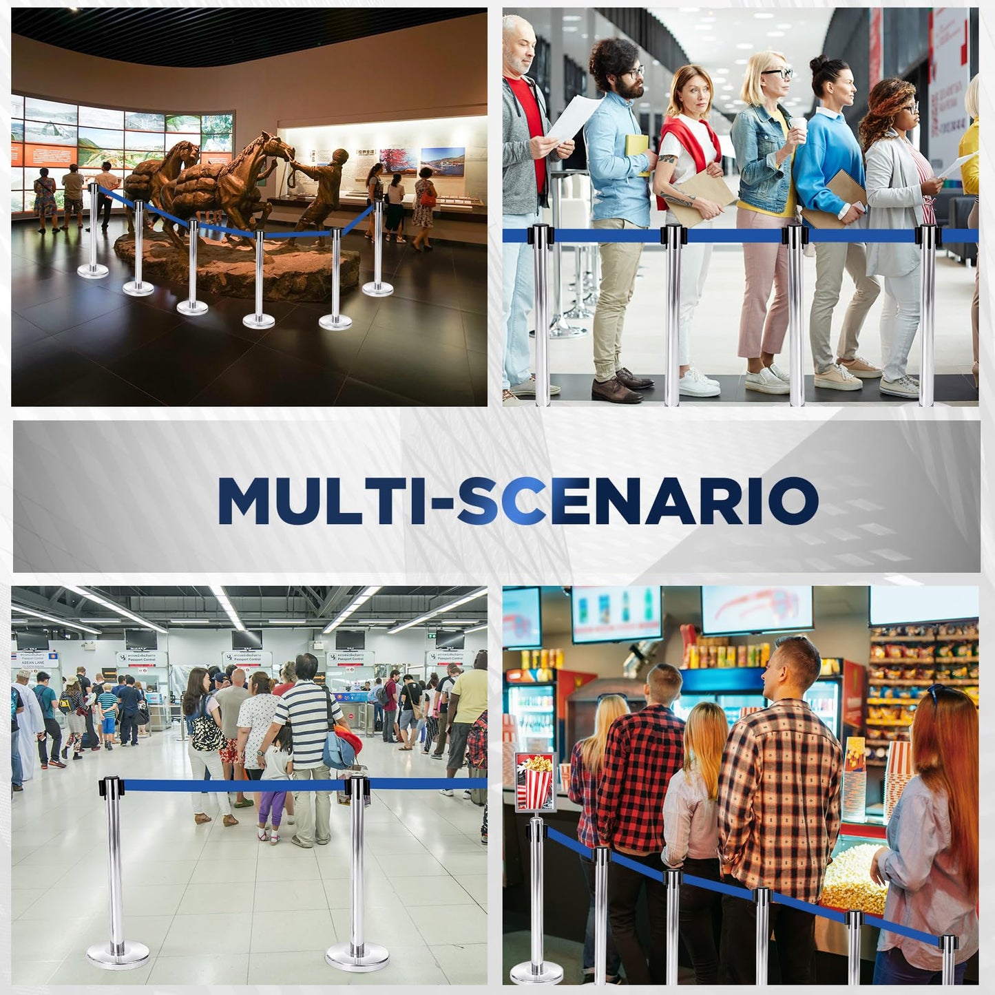 Zonon 6 Pack Crowd Control Stanchion Set with 9.8 FT Retractable Belt and 1 Sign Holder Crowd Control Barrier - Easy Connect Assembly(Silver and Blue)