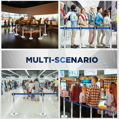 Zonon 6 Pack Crowd Control Stanchion Set with 9.8 FT Retractable Belt and 1 Sign Holder Crowd Control Barrier - Easy Connect Assembly(Silver and Blue)