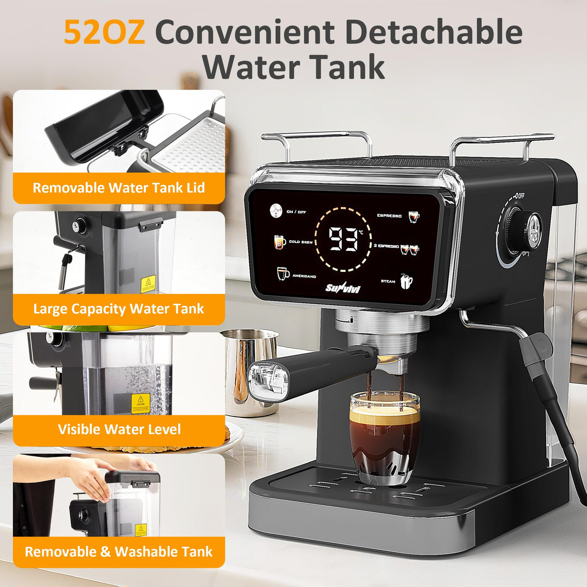 SUNVIVI 20 Bar Espresso Machine for Home and Office, 3-in-1 Iced Coffee Maker with Milk Frother, Espresso Shot & Iced Coffee, LED Touchscreen, 52OZ Removable Water Tank, Professional Coffee Brewing