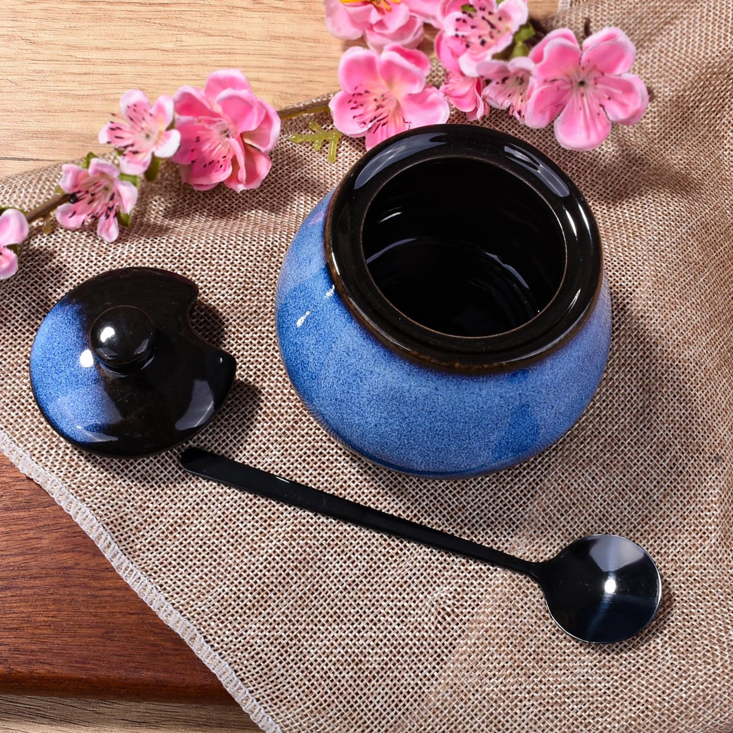 BOSILI Blue Ceramic Sugar Bowls with Lid Seasoning Container with Stainless Steel Spoon for Spice Salt