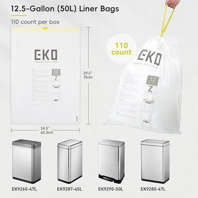 EKO 12.5 Gallon / 40-60 Liter, Extra-Strong Garbage Bags, Leak-Resistant