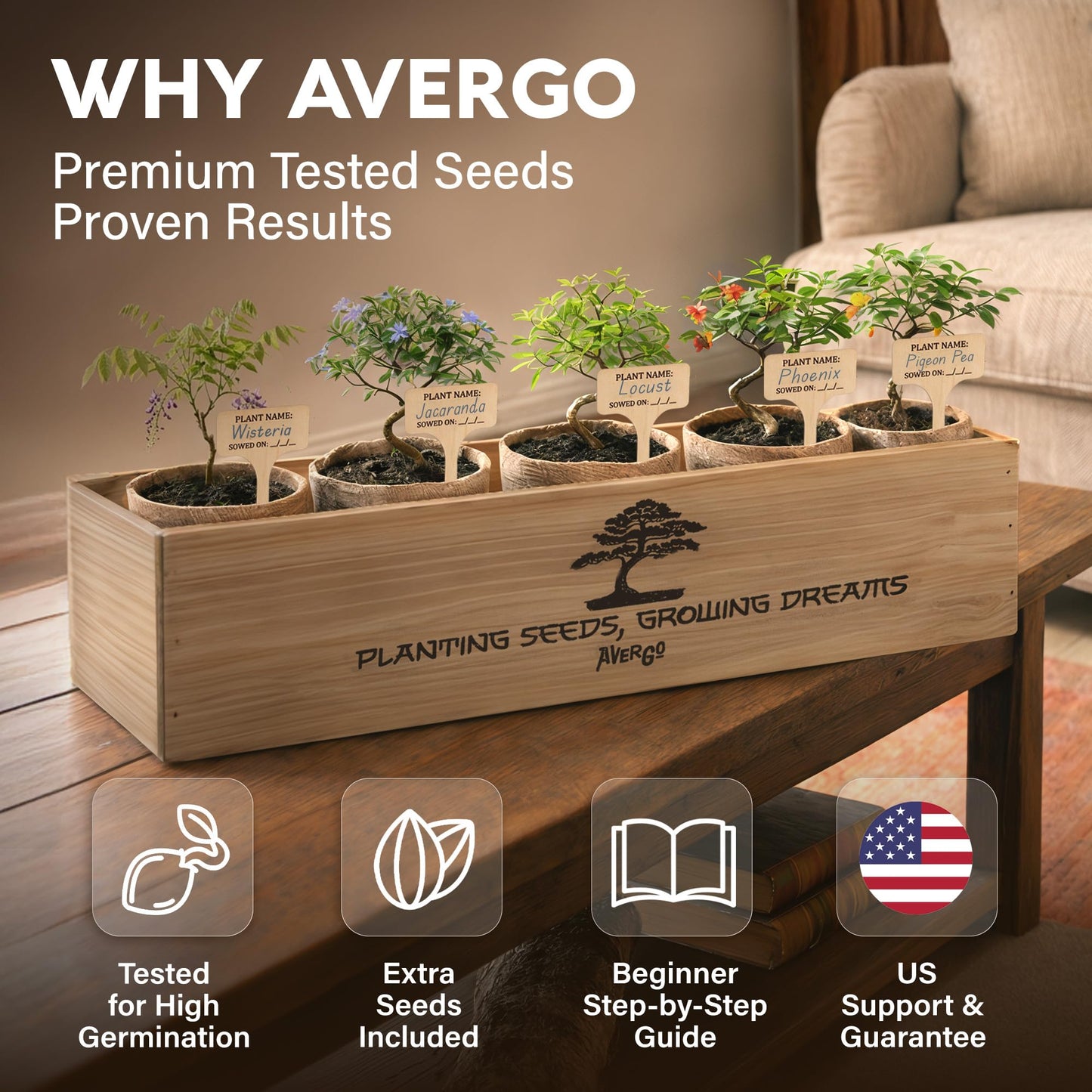 AVERGO Bonsai Tree Kit Deluxe - 5X Unique Japanese Bonzai Trees | Complete Indoor Bonsai Starter Kits from Seeds to Trees – DIY Gardening Gifts for Mother's Day, Women & Men