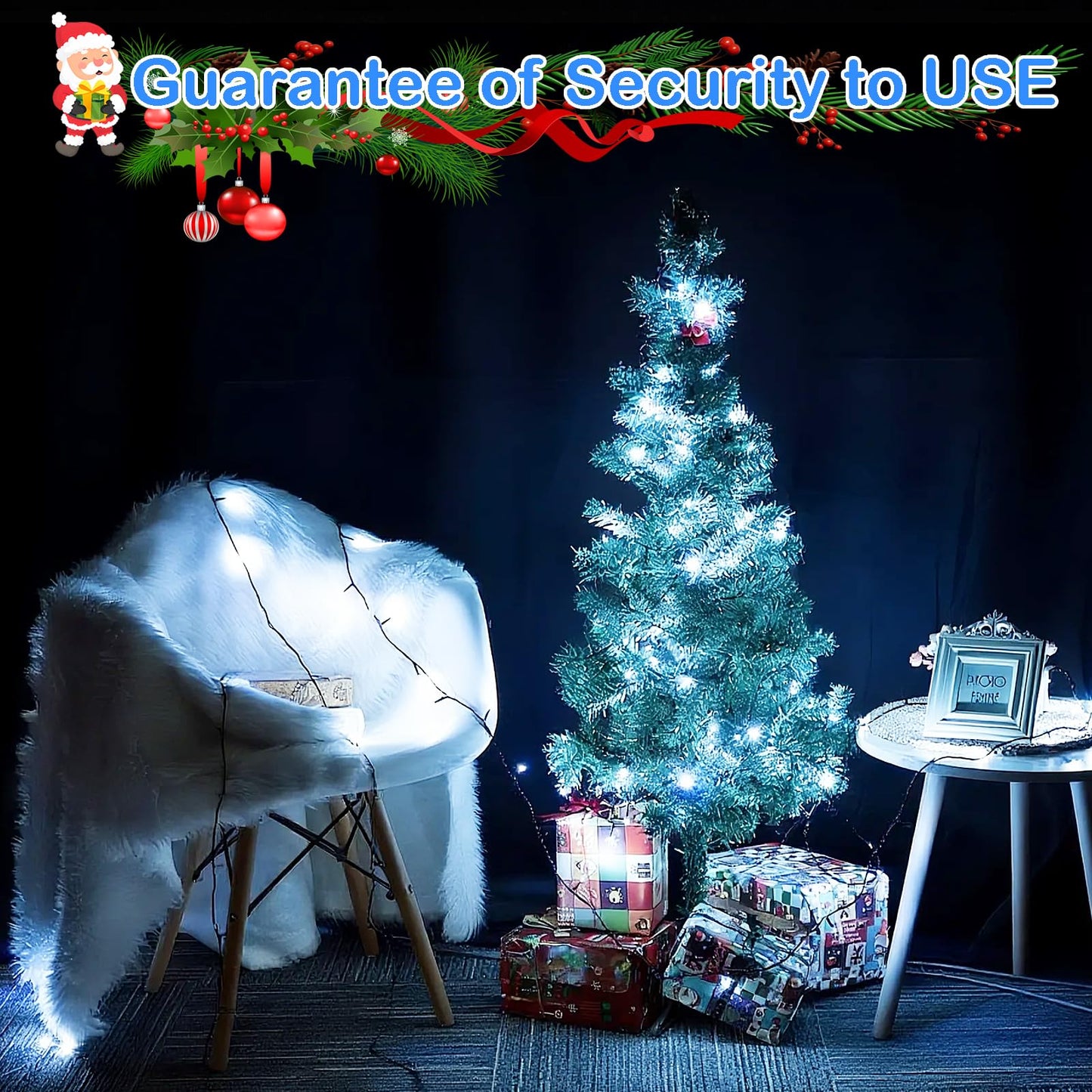 Decute 300LED Christmas String Lights Outdoor Waterproof 105FT UL Certified with End-to-End Plug 8 Modes, Cool White Indoor Starry Fairy Lights for Christmas Tree Patio Garden Wedding Party Decor