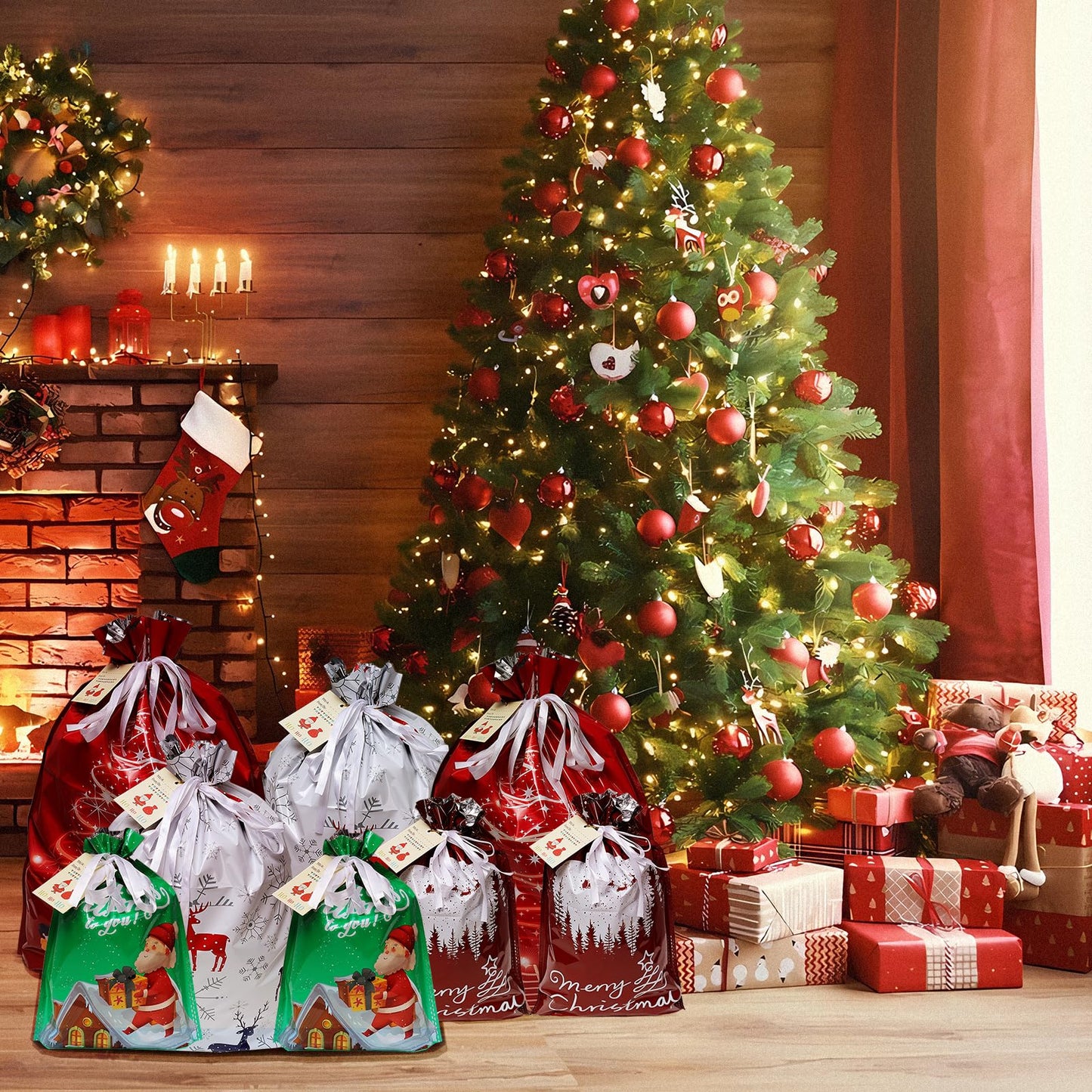 Yunaeduo Drawstring Christmas Gift Bags -20PCS Christmas Bags Assorted Sizes for Presents - Plastic Wrapping Bags Bulk - Xmas Gift Bags, 4 Designs (5 of Each) Extra Large/Big/Medium/Small Sizes