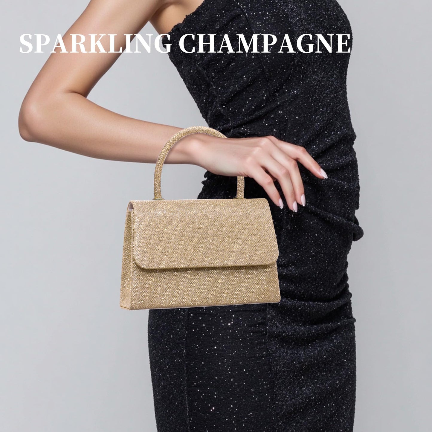 Larcenciel Women's Clutches, Sparkly Champagne Gold Handbags for Women w/Detachable Chain, Top Handle Evening Clutch Bag, Elegant Crossbody Purse Shoulder Bag for Party Prom Wedding, 20x5x13cm