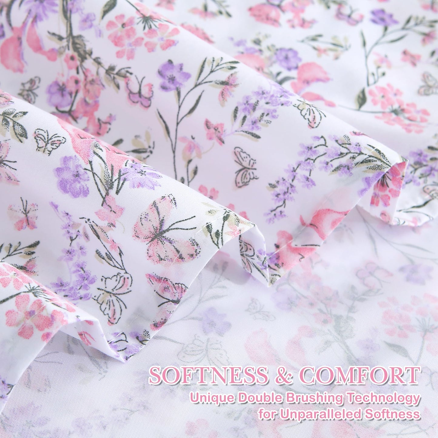 Mooreeke Cozy Vintage Microfiber Printed King Sheet Set - Soft Breathable Percale Cotton Floral Bed Sheets with Deep Pocket - Non-Slip Fitted Design - Pink Purple Flowers Pattern